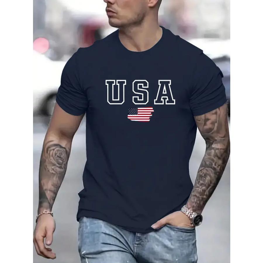 USA Print Short Sleeve T-Shirt For Male, Comfy Elastic Crew Neck Top, Men's Clothing For Summer Daily Wear & Workout