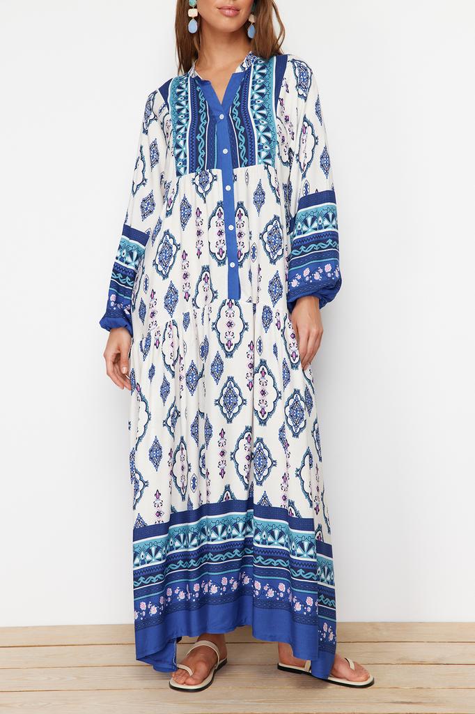 Women's Hijab Dress New Season Fashion Blue Floral Patterned Woven Viscose Dress