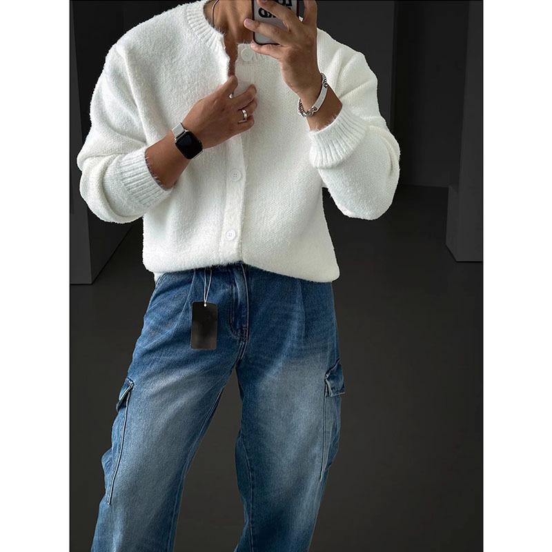 Мужской мягкий пушистый белый вязаный кардиган - Корейский стиль, Удобный и теплый, Круглый вырез, Свободный крой