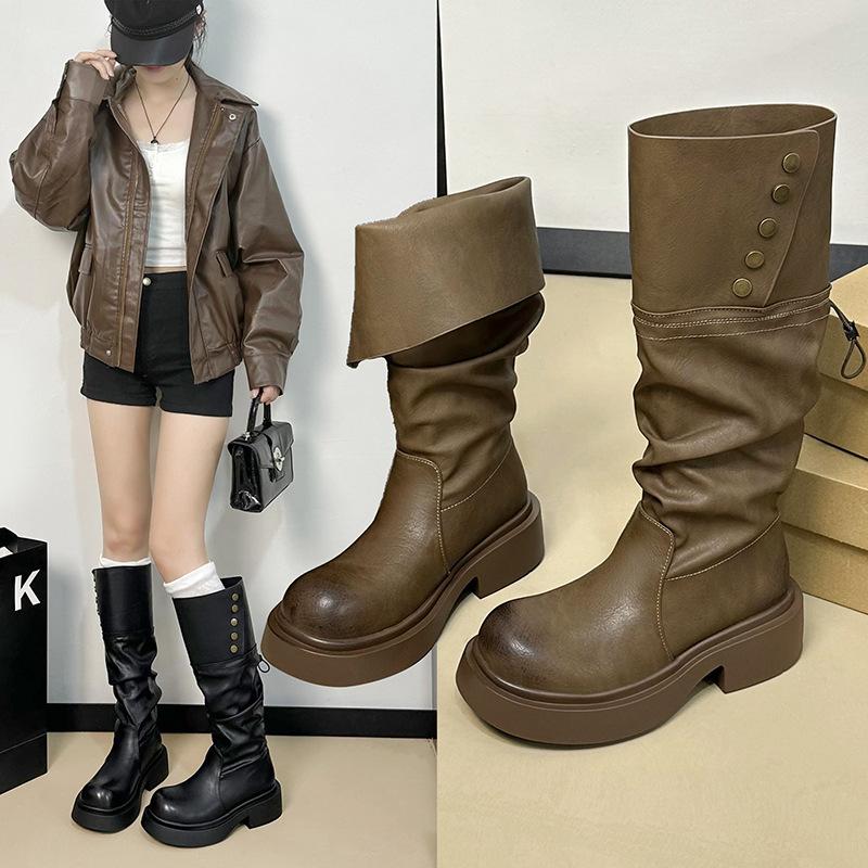 Модные женские сапоги 2024 Новые плиссированные на платформе Высокий голенище Удобные Противоскользящие С круглым носком Длинные сапоги Водонепроницаемые Модные сапоги для通勤