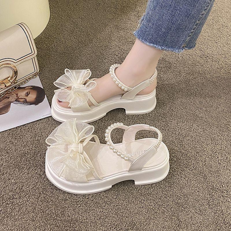 Fashion Wedge With Platform Waterproof High Heels Pearl Bow Women's Sandals Low Price Korea Shoe Summer 2025 Comfortable Ladies Shoes