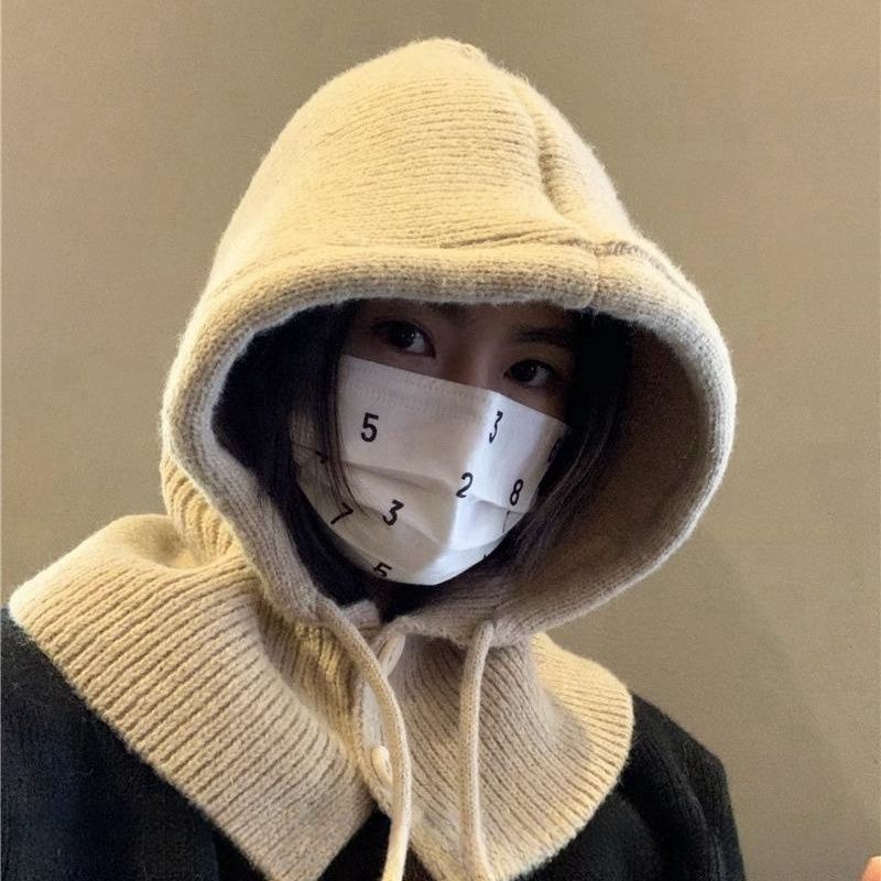 Корейская балаклава для женщин на зиму, теплая шапка-шарф, интегрированная, для пары, с защитой ушей, вязаная шерстяная шапка