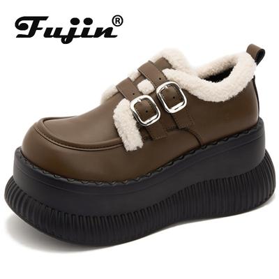 Fujin 8,5 см кожаные туфли-лодочки на танкетке из микрофибры, теплые брендовые зимние ботильоны с пряжкой на платформе, женские лоферы