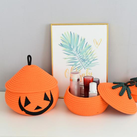 Halloween Woven Pumpkin Basket with Lid Empty Rope Woven Basket Trick or Treat Pumpkin Storage Bin Candy Snack Container