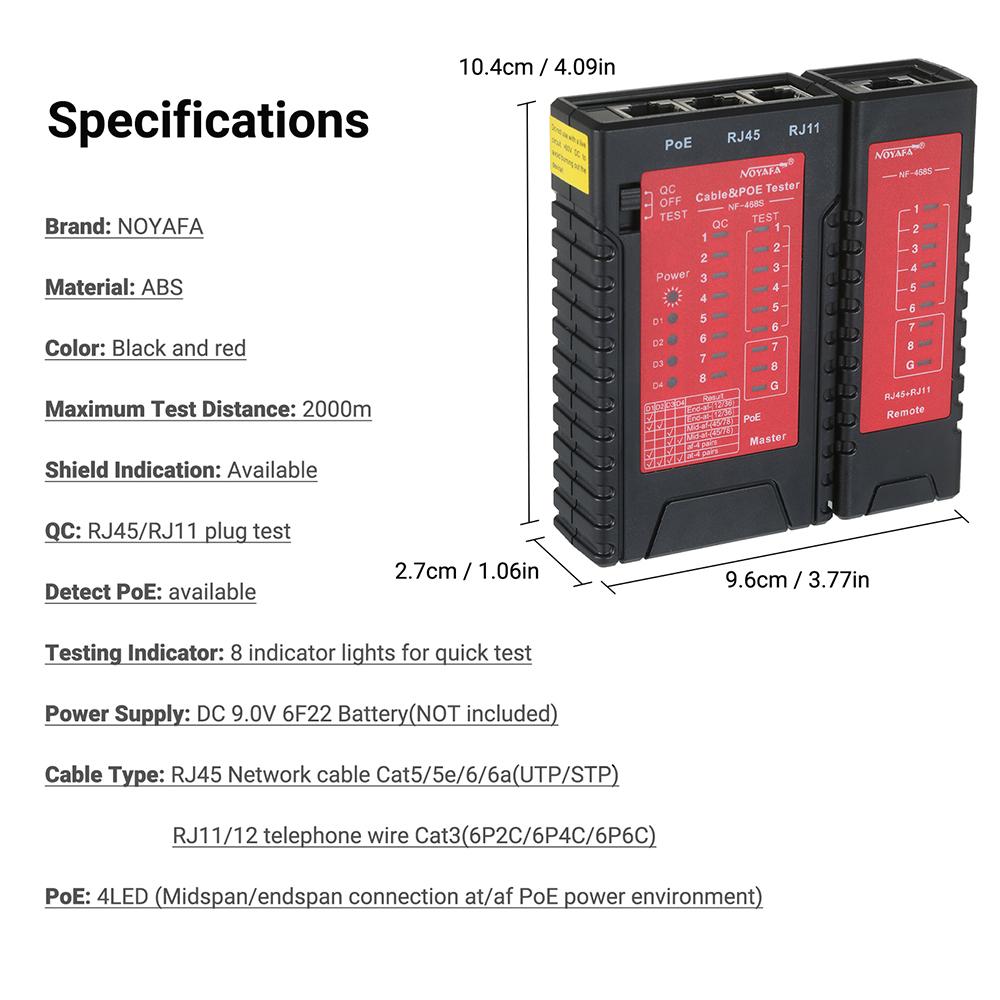NOYAFA RJ45 RJ11 Network Cable & PoE Tester Telephone Line Tester Lan Ethernet Cable Tester for