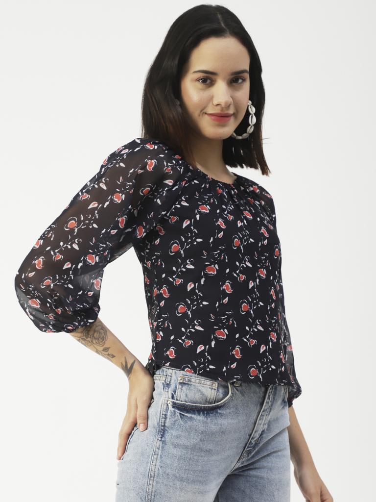 Moomaya Принтованный топ с круглым вырезом, прозрачный топ с длинным рукавом для женщин