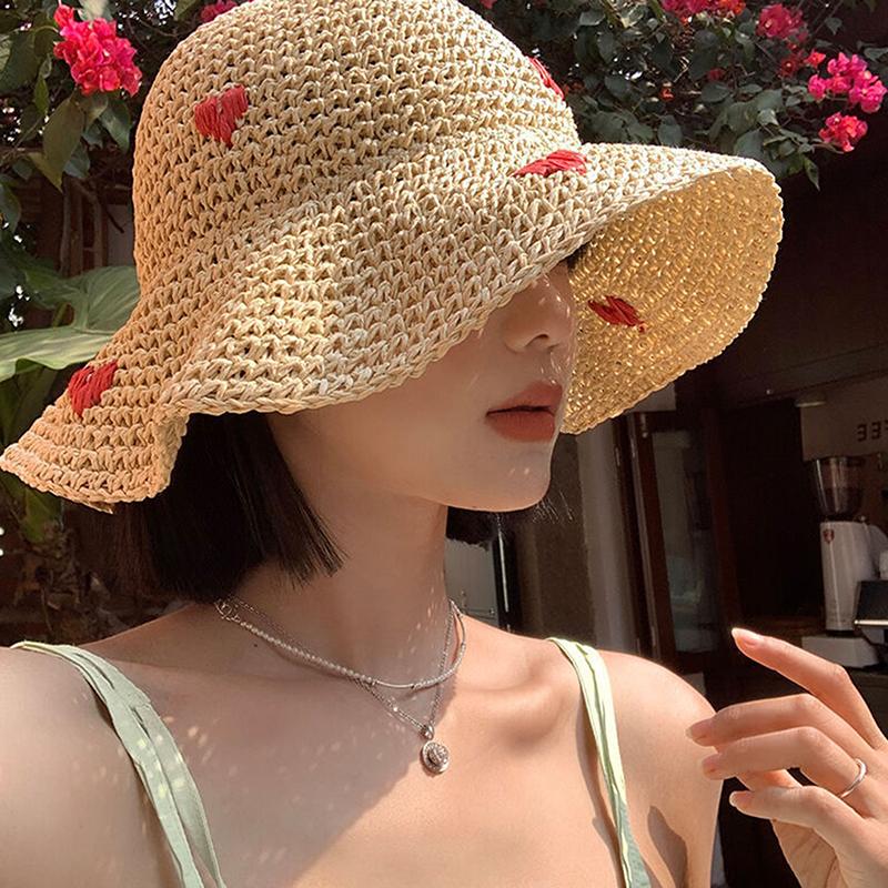 Соломенная шляпа рыбака с волнистым краем и большим карнизом в стиле Insta, женская летняя плетеная шляпа из соломы Love, праздничный пляжный дышащий солнцезащитный козырек