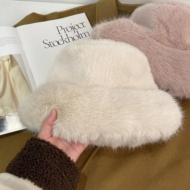 Big Faux Fur Fluffy Bucket Hat for Women Luxury Plush Winter Hat Thicken Snow Oversized Fur Bucket Hat Soft Big Panama Cap