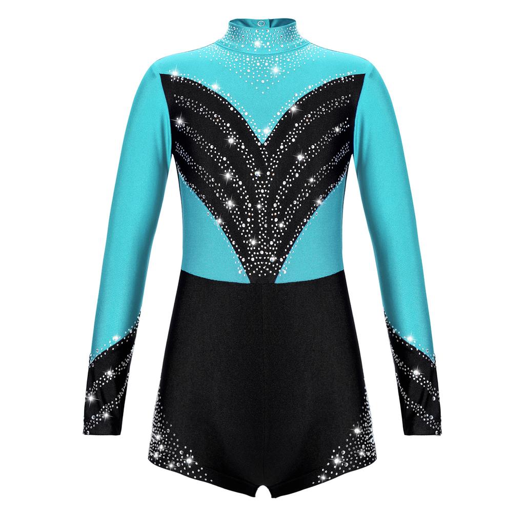 Танцевальный комбинезон для девочек контрастного цвета с открытой спиной и блестящими бриллиантовыми украшениями для соревнований