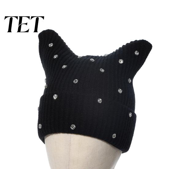 Warm Winter Gift for Her Cat Ear Hat Women Girls, Striped Slouchy Crochet Headgear Retro Style with Shiny Rhinestones, Cute Knitted Cap Fashionable