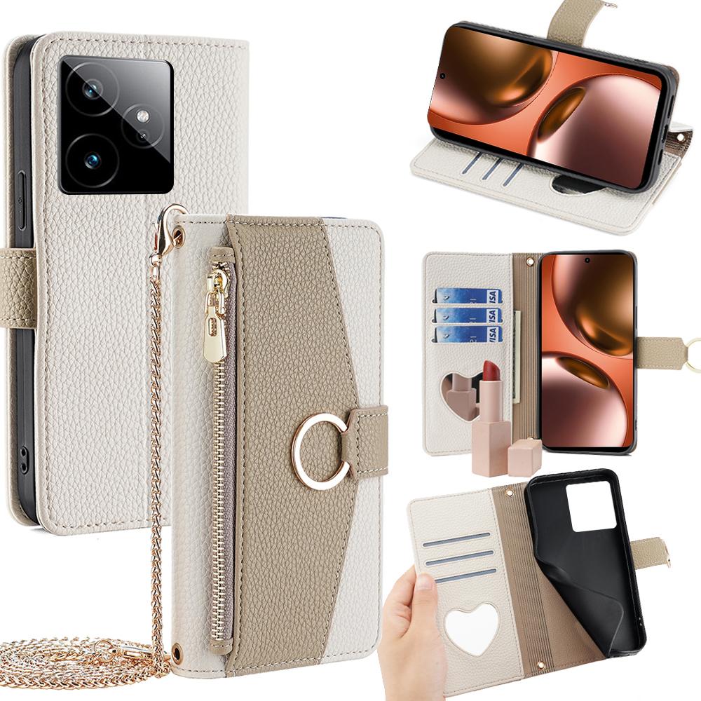 For Realme GT 7 5G Case Mirror Wallet Leather Phone Cover with Chain Shoulder Strap