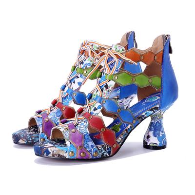 Женские босоножки ручной работы из натуральной кожи в цветном стиле в стиле бохо с заклепками на высоком каблуке