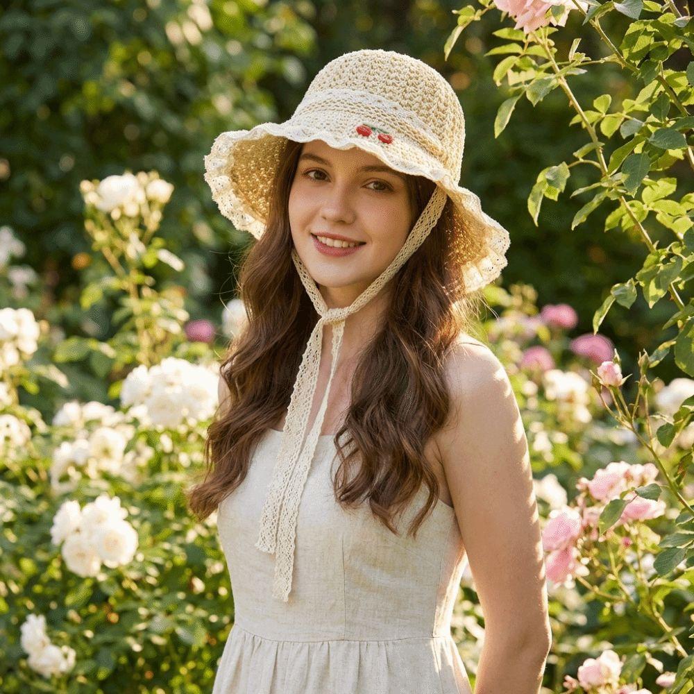 Cherry Embroidered Straw Fisherman Hat Lace Woven Bucket Hat Unique Women Sun Hat Ladies