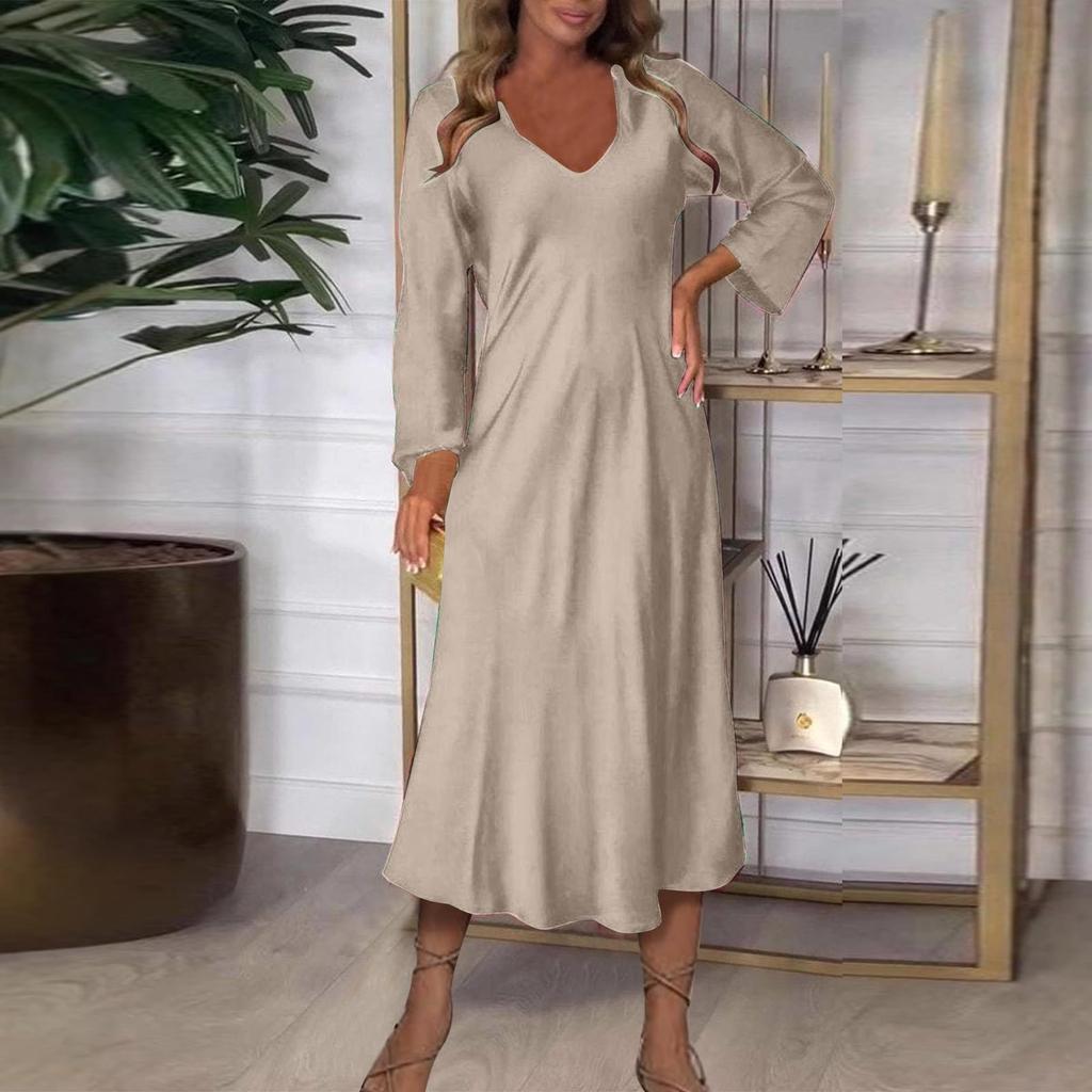 Women's Fashionable Solid Color V Neck Long Sleeved Sexy Jumpsuit A Line Long Dress