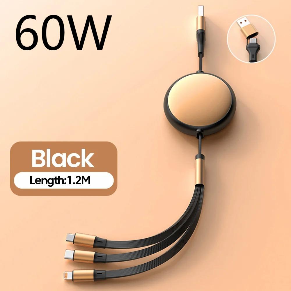 120 Вт 3 в 2 Выдвижной кабель USB Type C Micro IOS Быстрое зарядное устройство для iPhone15 Samsung Huwei Многопортовый