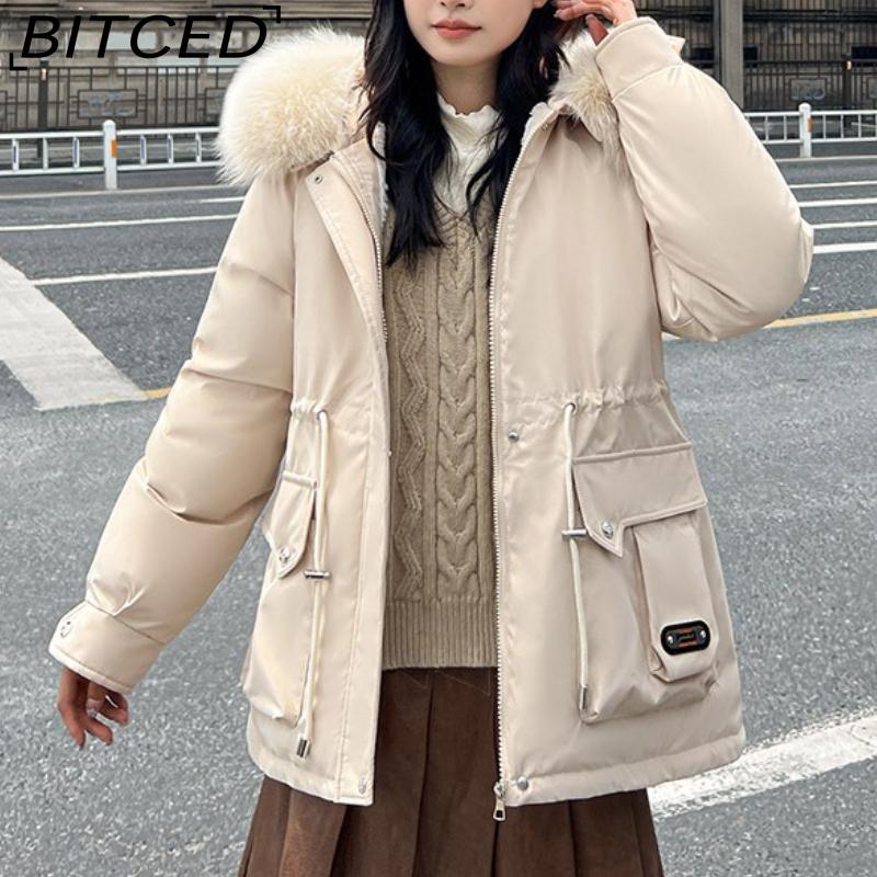 BITCED Winter Thickened Puffer Coat for Women with Waist-cinching, Slimming Fit, Hood and Large Fur Collar for Warmth