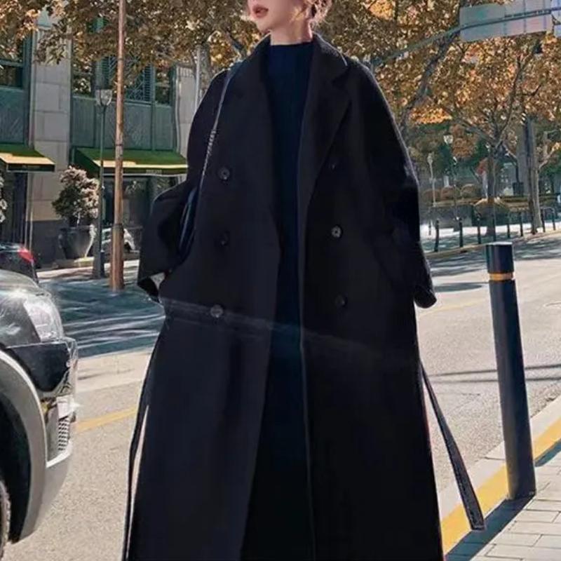 Winter Trench Coat For Women Elegant Fashion Korean Casual Thick Wool Coat Red Lace-up Long Jacket Black Woman Coat With Blet