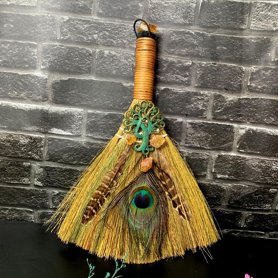 Big Broom Natural Amethyst Life Tree Halloween Peacock Feather Eye Altar Ornament Witch Mini Broom Home Decoration Handicrafts