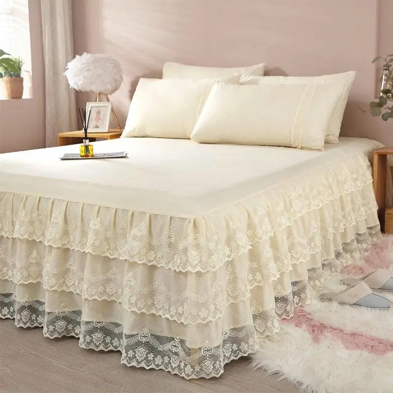 Твердая принцесса Ветряная юбка для кровати, цельный комплект из трех частей, простыня с кружевным узором, защитный чехол для кровати