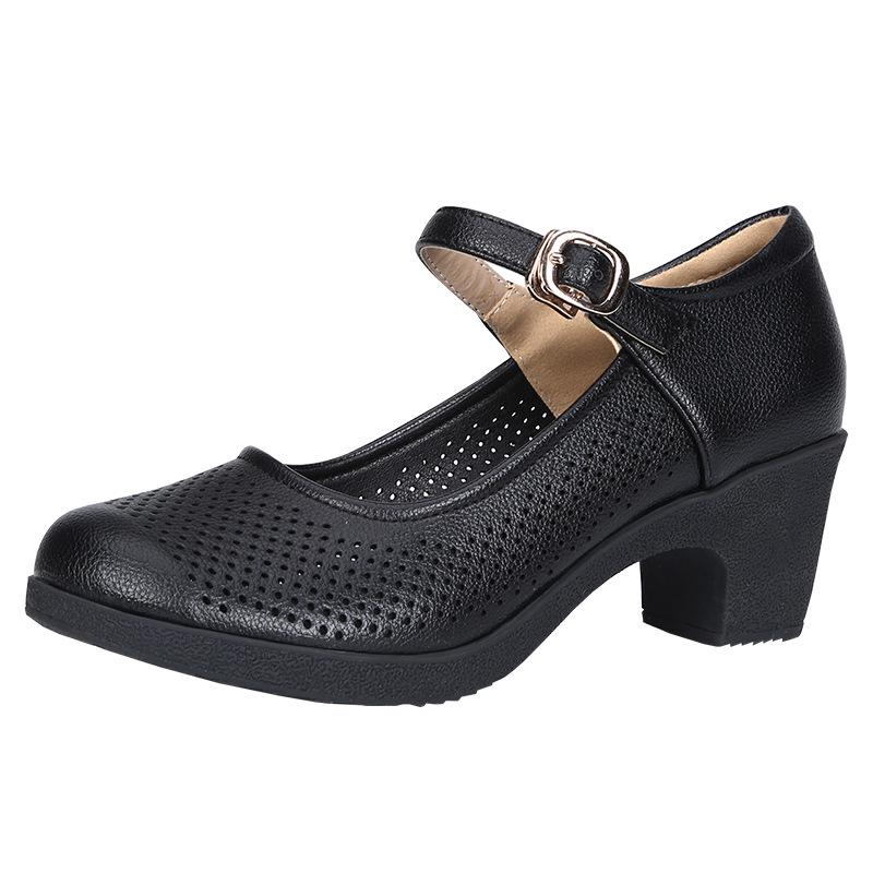 2025 туфли женские на толстом каблуке рабочие туфли для通勤 полая подошва из говяжьей кожи спортивная обувь мягкая подошва одинарные туфли сандалии высокие каблуки