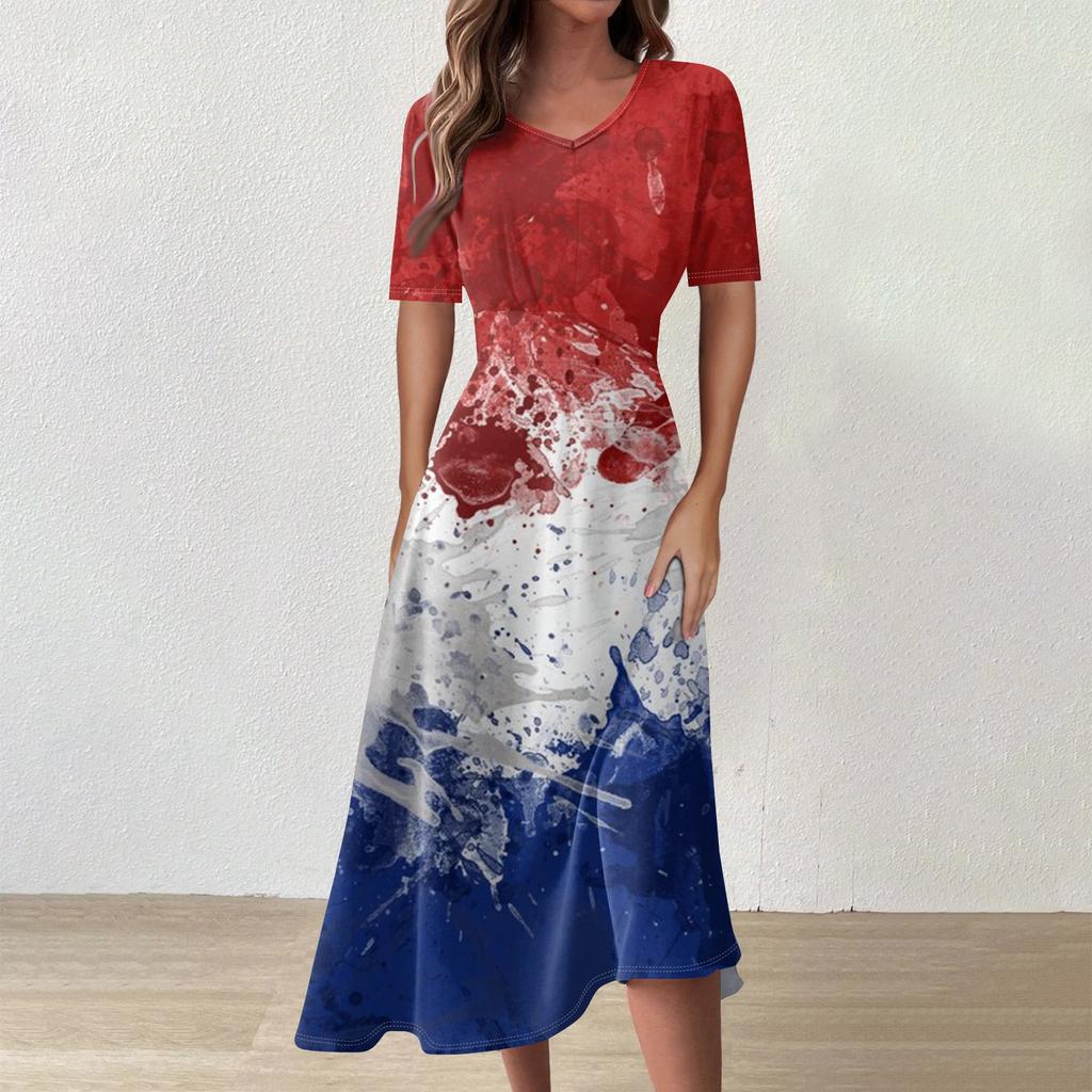 Ladies Casual Fashion Print V-Neck Short Sleeve Waist Long Swing Dress