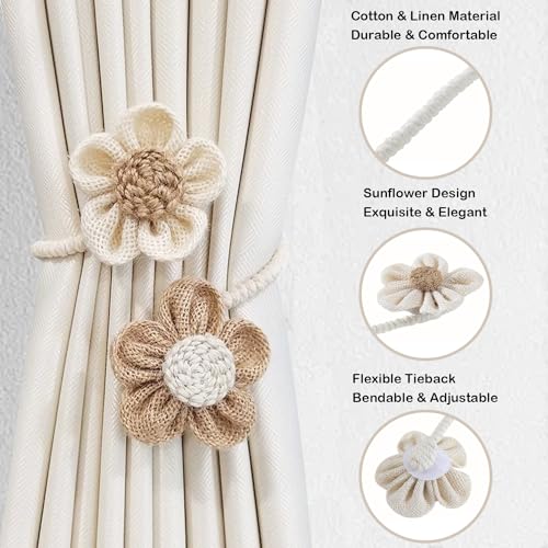Modern Sunflower Cotton Eco-Friendly Curtain Tiebacks 2-Pack for Wedding and Natural Style Windows Wall Decor