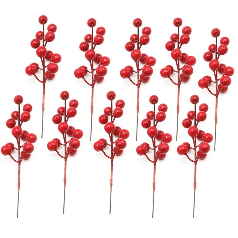 10pcs Christmas Artificial Berries Branches Decor Fake Flowers Plant for Xmas Tree DIY Holiday Wreath Craft Home Party Ornament