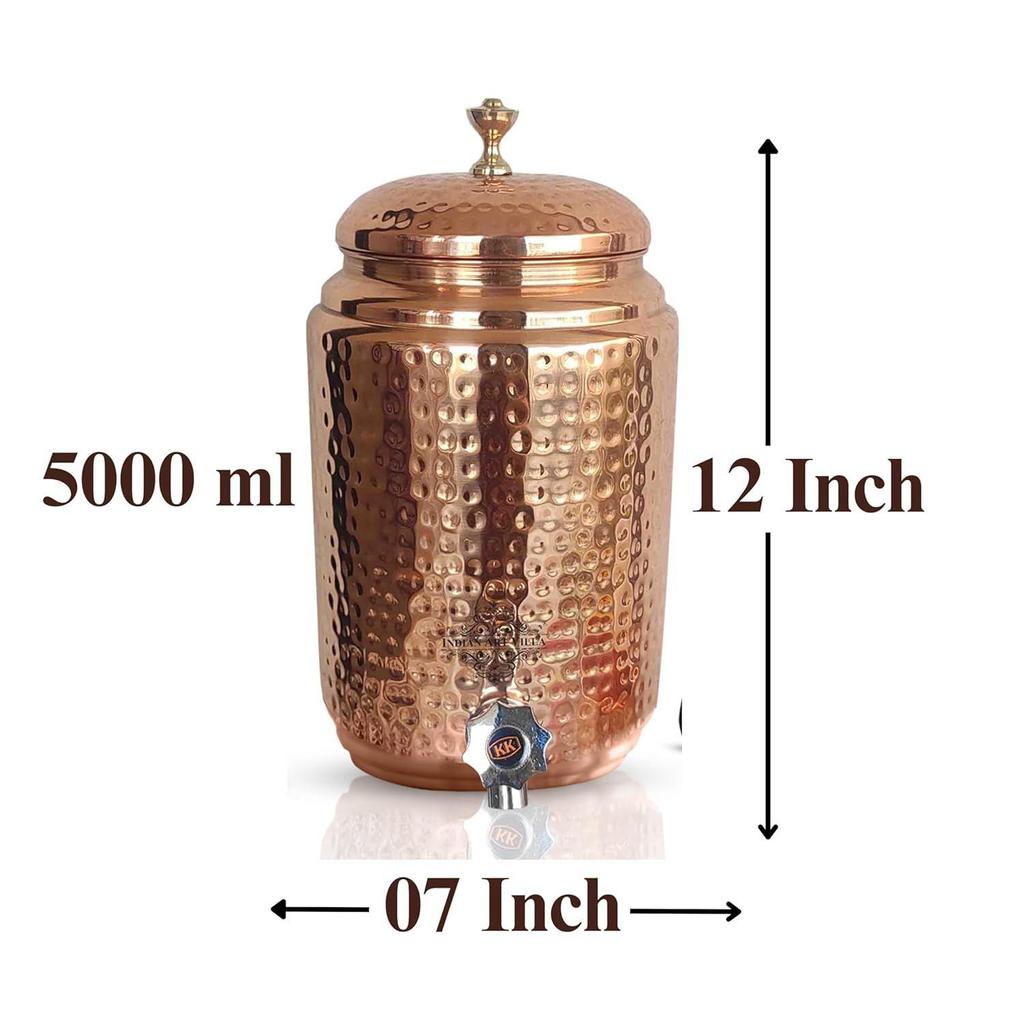Pure Copper Hammered Design Water Pot Heavy Gauge with Brass Tap & Copper Glass & Stand, Storage & Serving Water, Volume- 5 Liters