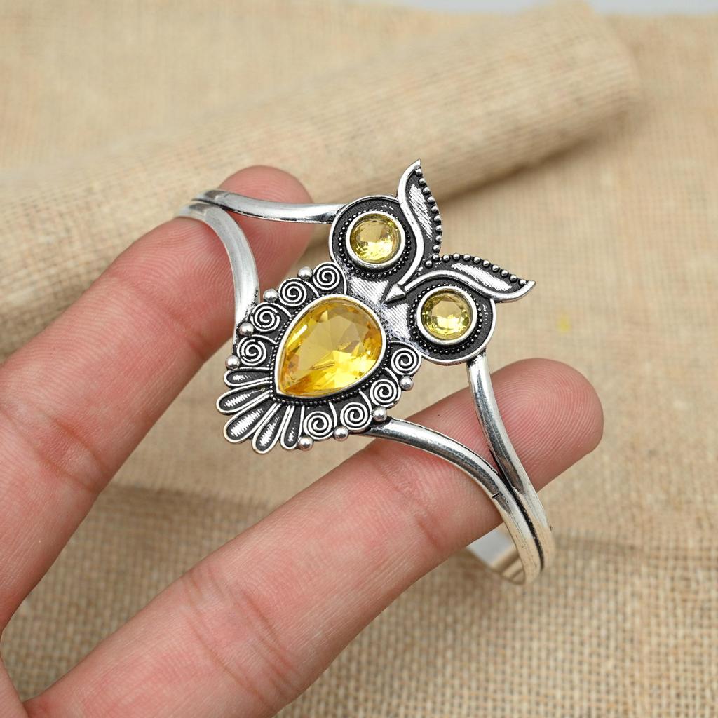 Citrine Gorgeous Gemstone Cuff 925 Solid Sterling Silver Handmade Owl Design Adjustable Jewelry