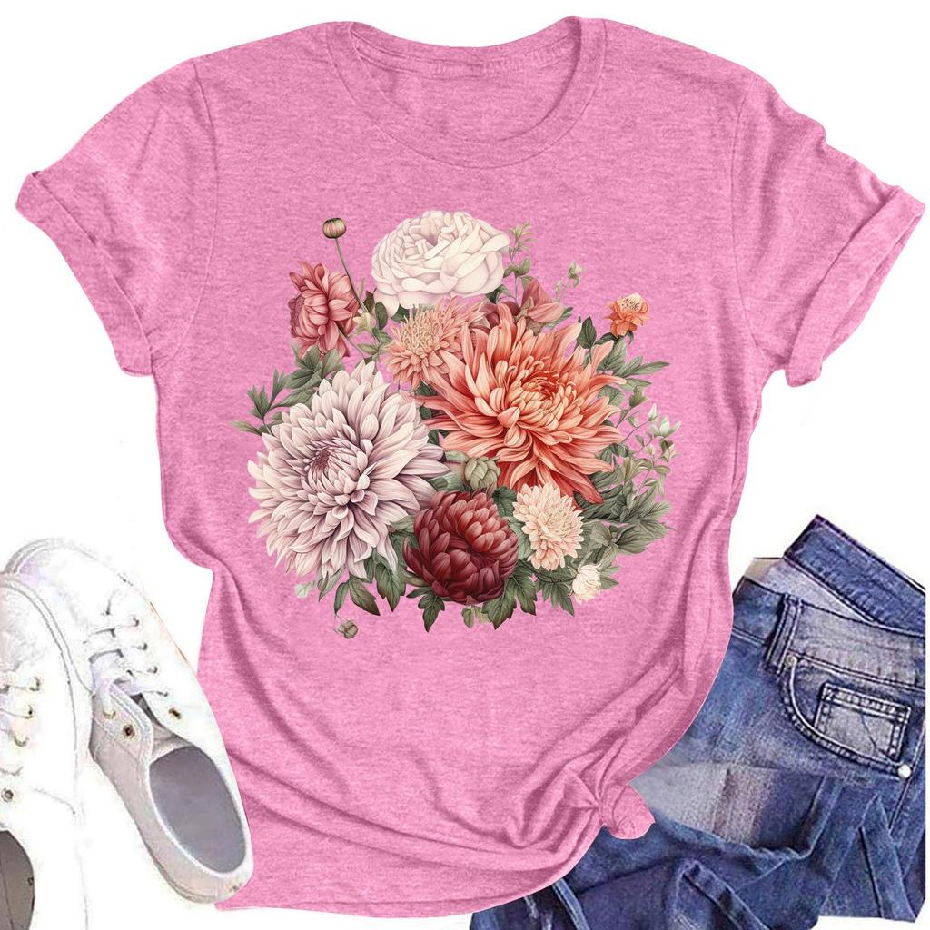 Women's Casual Round Neck Floral Print Short Sleeve T-Shirt Top