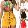 Casual Summer Beach Women Solid Color Belted Buttons High Waist Shorts Hot Pants