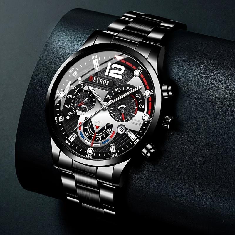 3pcs/set Men'sBusiness  Alloy Stainless Steel Pointer Quartz Wrist Watch & Bracelet Necklace Set