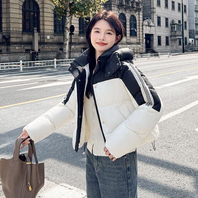 Модное короткое хлопковое пальто в стиле колор-блок для женщин, с капюшоном, свободного кроя, зимняя корейская куртка, толстая верхняя одежда
