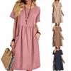 Summer Women's Dress Plus Size Solid Color Round Neck Pocket Pleated Short Sleeve Cotton Linen Dress