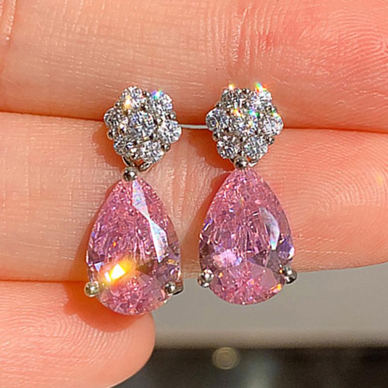 Серьги-подвески Huitan Pear Shape Pink CZ для женщин, цветные изящные аксессуары для ушей, необычный подарок на день рождения, новые модные украшения