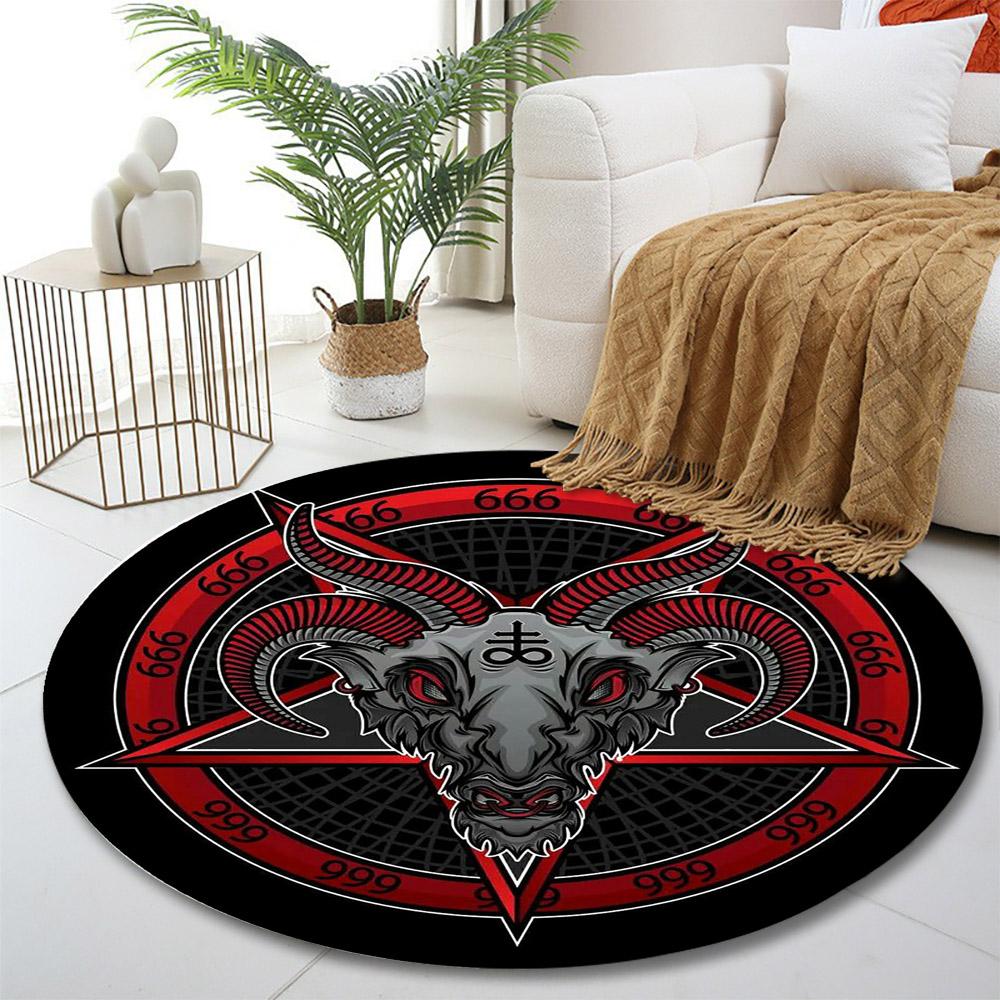 "Goat Skull with Pentagram Design" Print round rug, living room, bedroom, playroom carpet, non slip floor mat, gift