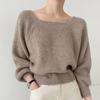 Korean Temperament Square Neck Bubble Lantern Sleeve Top Short Loose Knit Sweater for Women