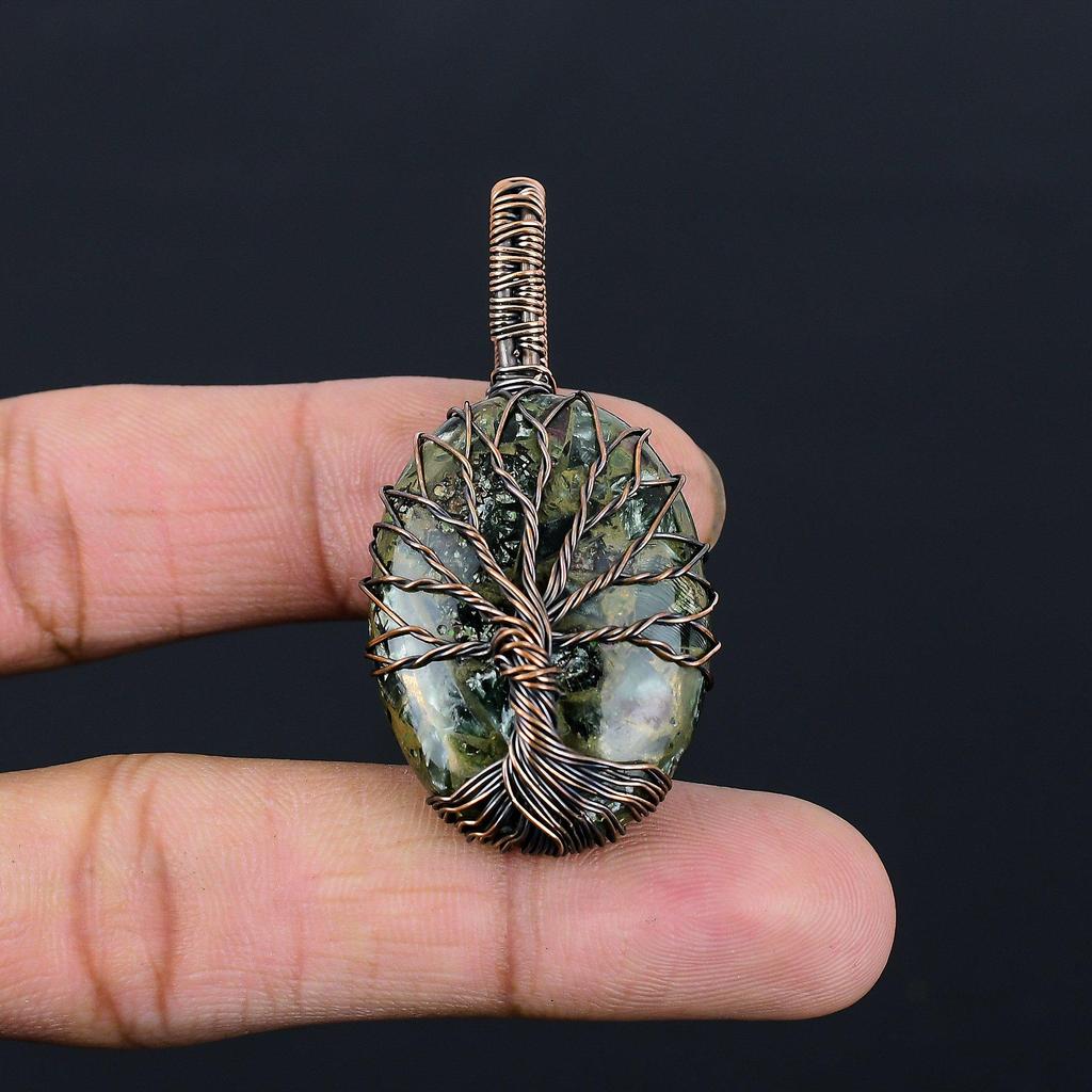 Древо жизни медь серафинит драгоценный камень чистая медная проволока обернутая подвеска ручной работы ювелирные изделия