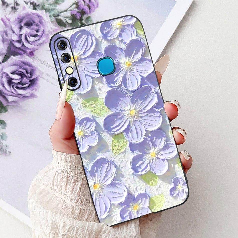 For Infinix Hot 8 Phone Case Hot 8 Lite Hot8 X650 X650C X650B X650D Elegant Floral Cat Pattern Black Silicone Soft TPU Cases