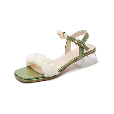 Мода Новое лето 2024 Женские босоножки в стиле феи с ремешком на щиколотке из металла и цепями, плиссированные, прозрачные, толстые, на высоком каблуке, с квадратным носком и открытым носком