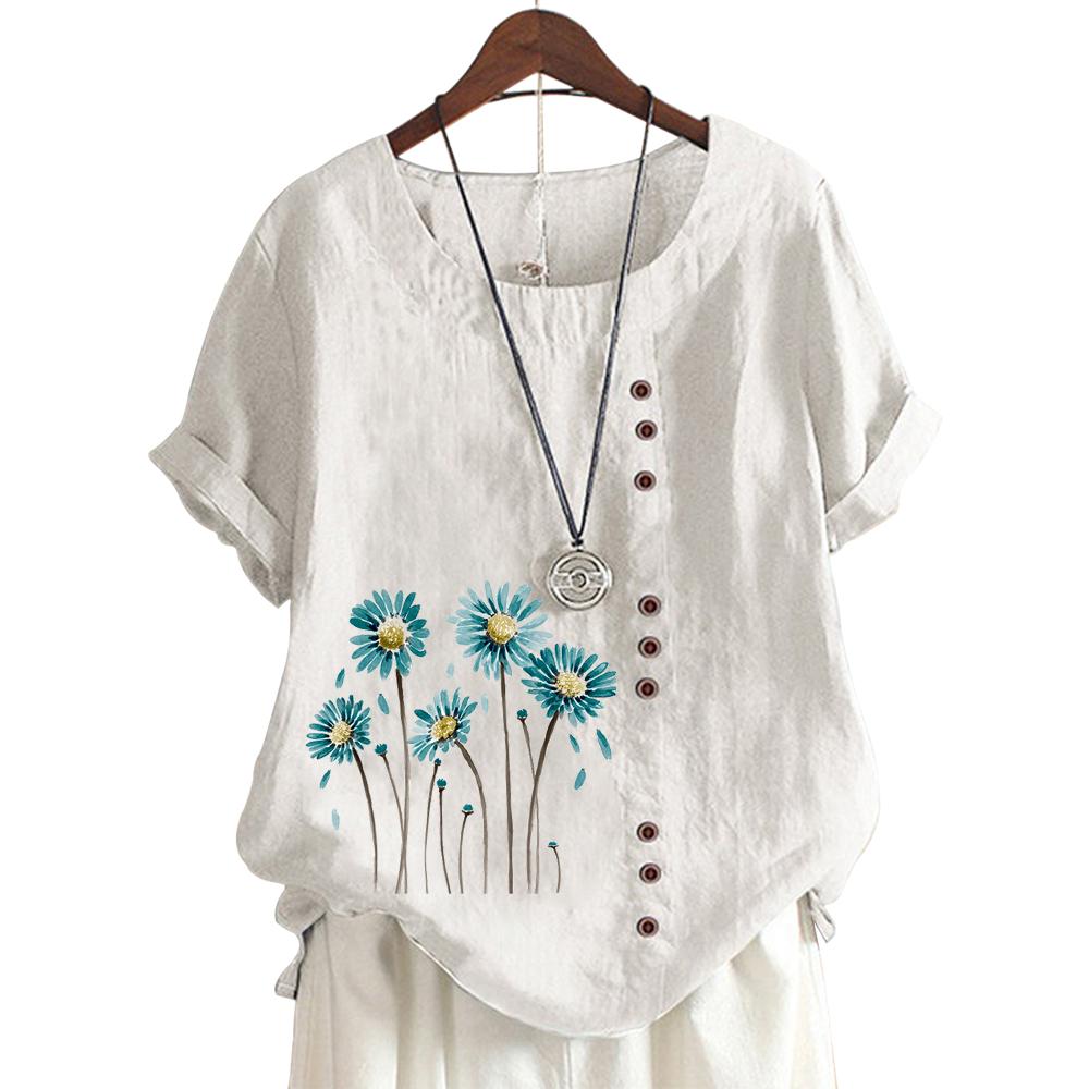 Trendy Ladies' Short Sleeve Top with 11 Colorful Floral Patterns and Round Neck