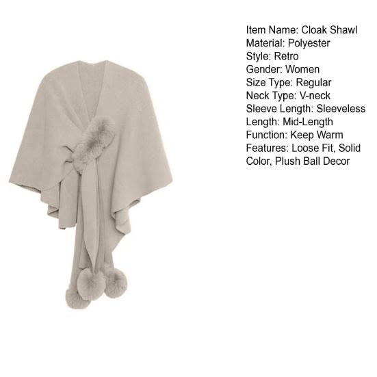 Women Cloak Shawl V-neck Solid Color Plush Ball Decor Cross Design Warm Versatile Knitting Shawl Daily Commuting Wear