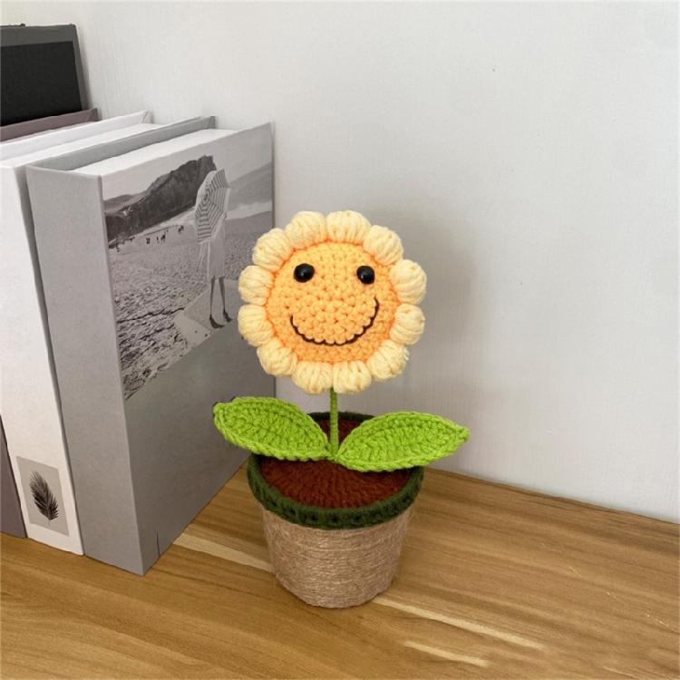 Вязаный улыбающийся подсолнух в горшке Декор для дома Украшение со светодиодной подсветкой для Дня матери Подарок учителю