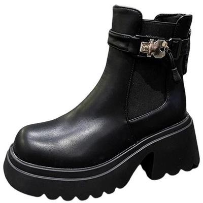 Модные короткие сапоги 5 см для женщин 2024 года, осень и зима, новый стиль, толстая подошва, бисквит, повседневные, на толстом каблуке, танкетка, тонкие ботильоны