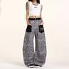 Vintage Leopard Patchwork Streetwear Wide Leg Denim Pants Unisex Loose Fit Low Waist Straight Cut