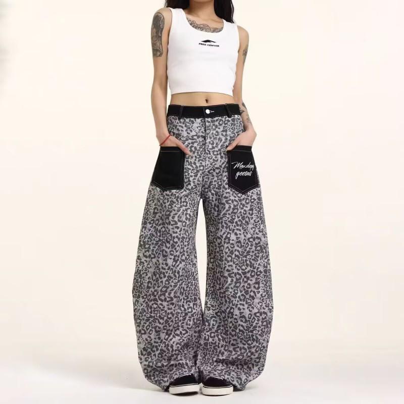 Vintage Leopard Patchwork Streetwear Wide Leg Denim Pants Unisex Loose Fit Low Waist Straight Cut