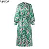 VONDA Oversized Women Casual V Neck Long Sleeve Floral Print Belt Smooth Loose Dress