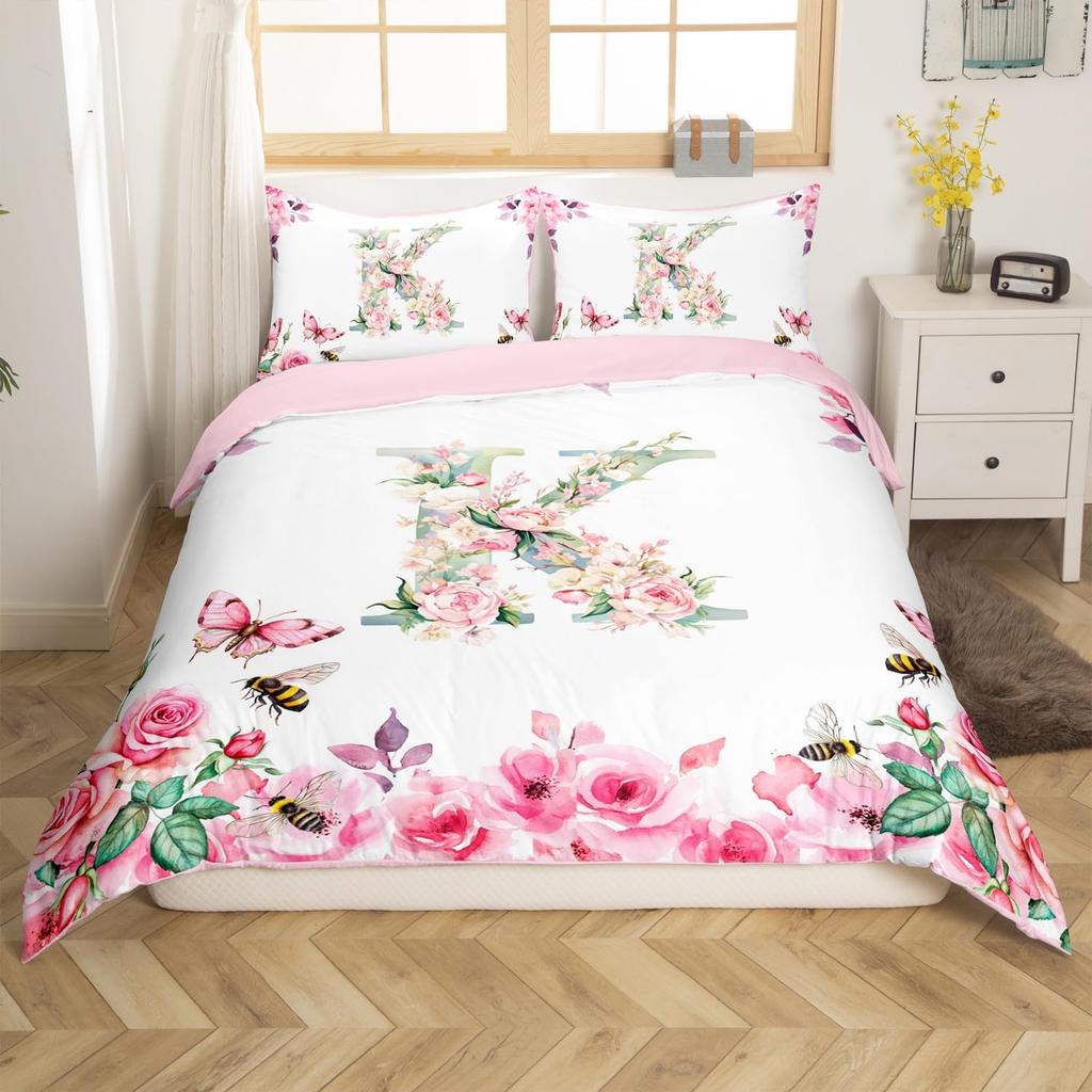 Initial Letter A Duvet Cover for Boys Girls Floral Monogrammed Bedding Set Romantic Rose Alphabet Quilt Cover with 2 Pillow Case