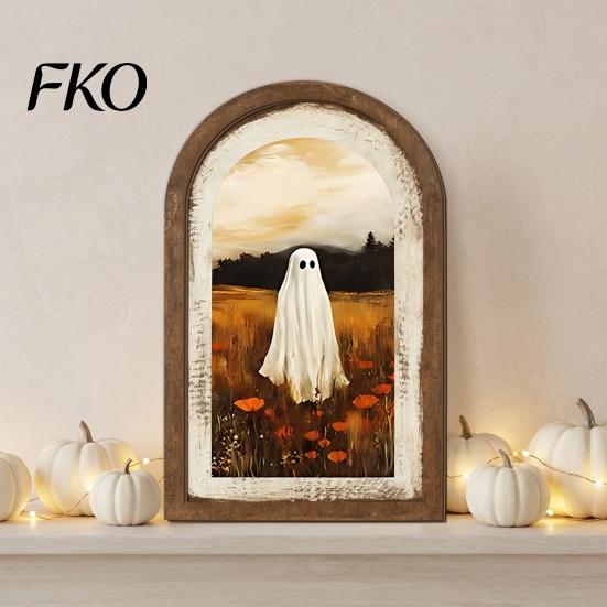 Rustic Ghost Table Centerpiece Arched Wall Decor, Cute Halloween Sign, Farmhouse Small Decorative Ornament Shelf Art for Mantel Living