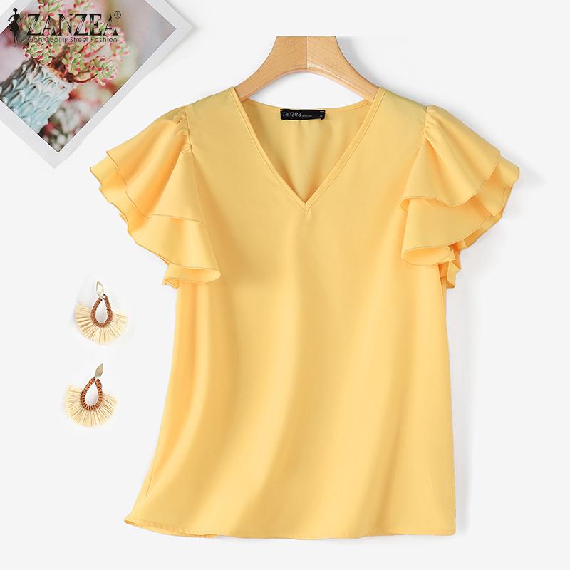 ZANZEA Женская повседневная летняя блузка с v-образным вырезом и оборками с короткими рукавами